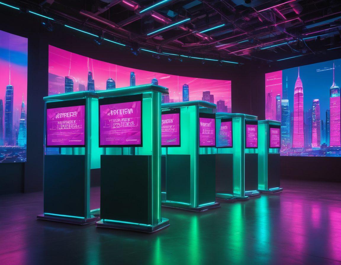 A futuristic voting booth with electronic ballots glowing in vibrant colors, surrounded by holographic representations of diverse voters engaged in virtual voting. The background showcases a cityscape symbolizing progress, with banners promoting democracy and technology. The scene should evoke a sense of innovation and inclusivity in the electoral process. super-realistic. vibrant colors. cyberpunk.