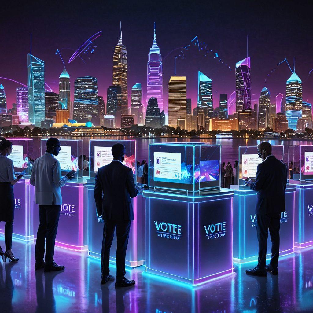 A futuristic scene depicting a diverse group of people engaging with holographic voting ballots in a digital landscape. Incorporate iconic city skylines in the background, with screens displaying real-time voting results. Emphasize technology, transparency, and community engagement. futuristic theme. vibrant colors. 3D rendering.