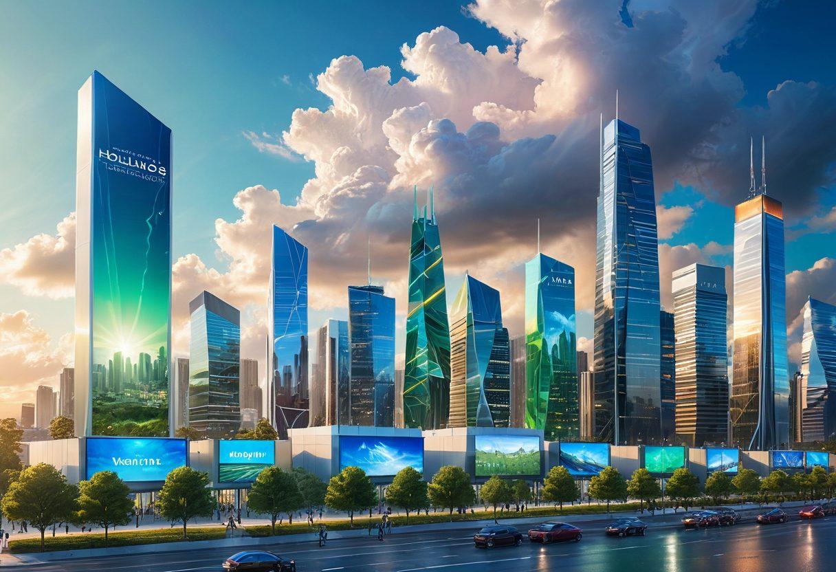 A futuristic city skyline with advanced technology integrated into every building, showcasing smart voting kiosks and digital billboards promoting democracy. People of diverse backgrounds engaged in voting with holographic interfaces and augmented reality elements. The scene is vibrant with blue and green hues, symbolizing innovation and progress. In the sky, soft clouds with a hint of sunlight breaking through, illustrating hope and a brighter future for democracy. super-realistic. vibrant colors. 3D.